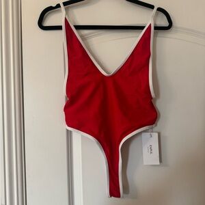 Red V-Neck Swimsuit with White Trim